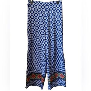 Love Tree Blue/Orange/White Patterned Women's Pull-On Wide Leg Pants-Sz M